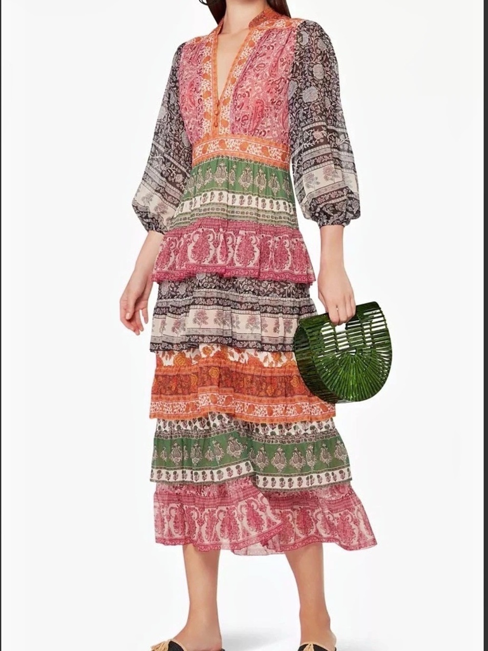Printed Midi Dress in Pink & Green Like New